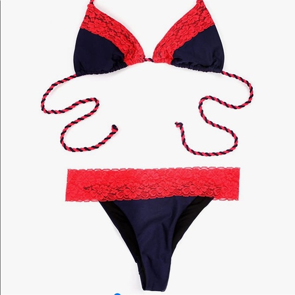 Relleciga Navy Blue & Red Lace String Bikini - Picture 8 of 15